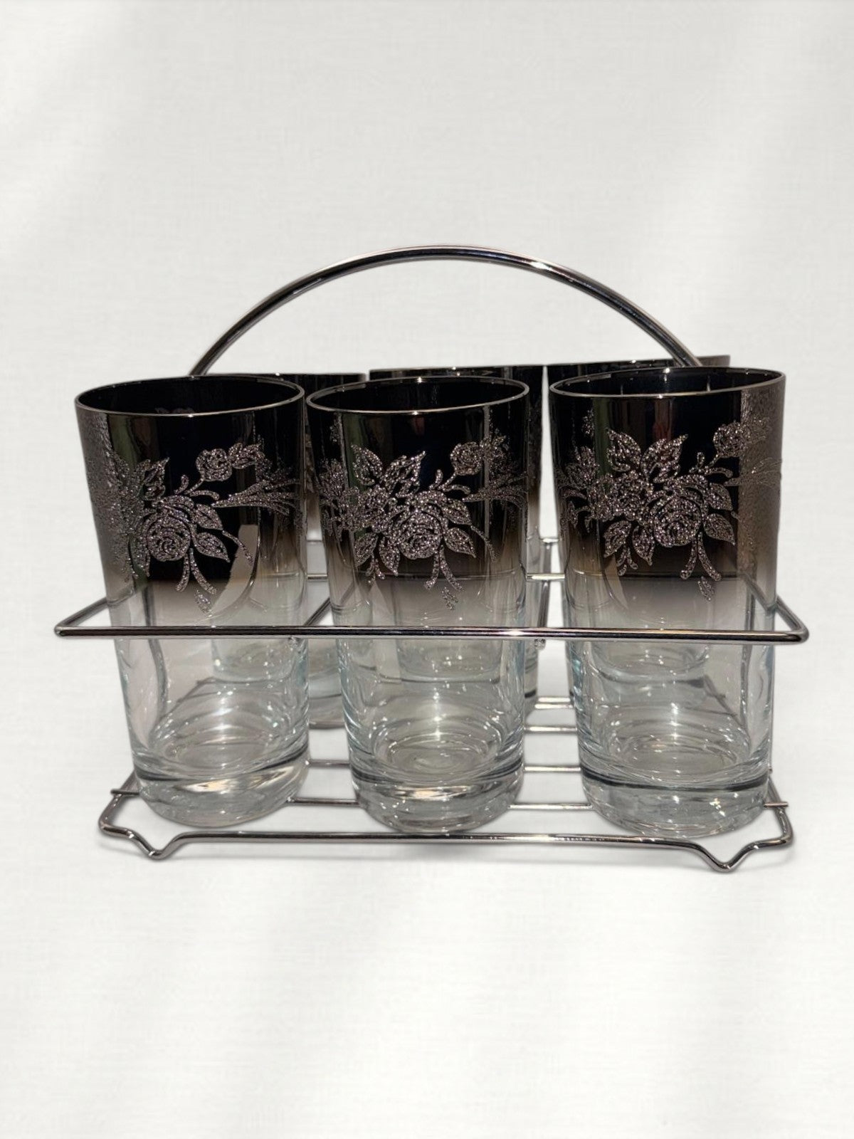 Vintage Smoked Glass Highball Set with Silver Floral Design & Chrome Carrier