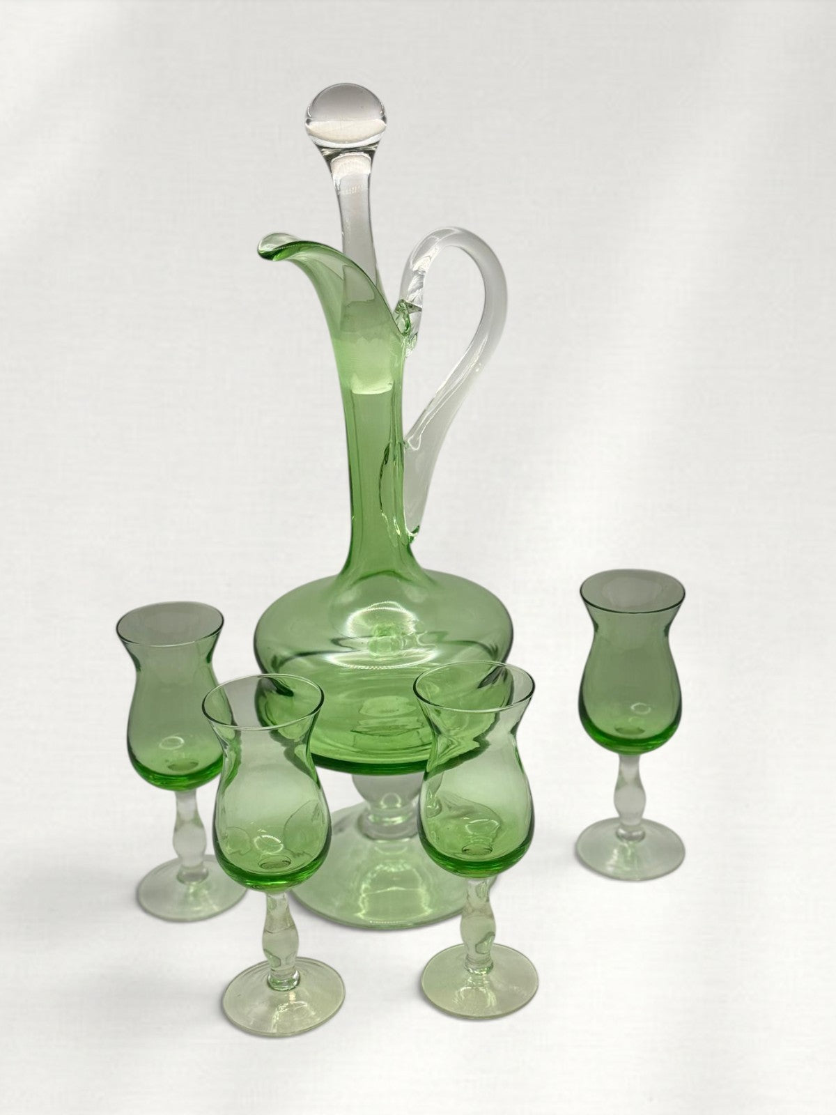 Vintage Green Glass Decanter Set with 4 Cordial Glasses