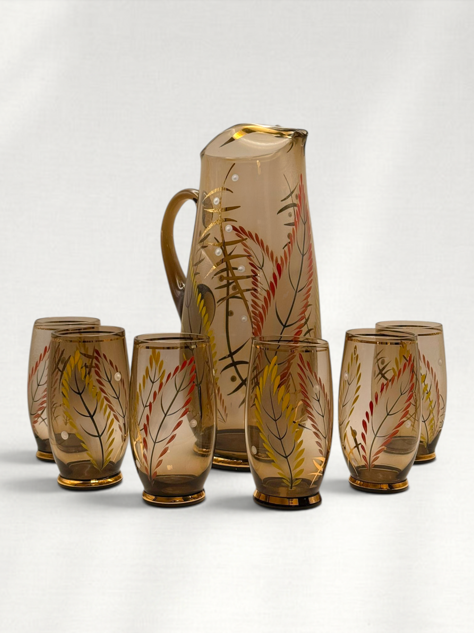 Vintage Hand Painted Smoked Glass Lemonade Pitcher Set with Gold Accents