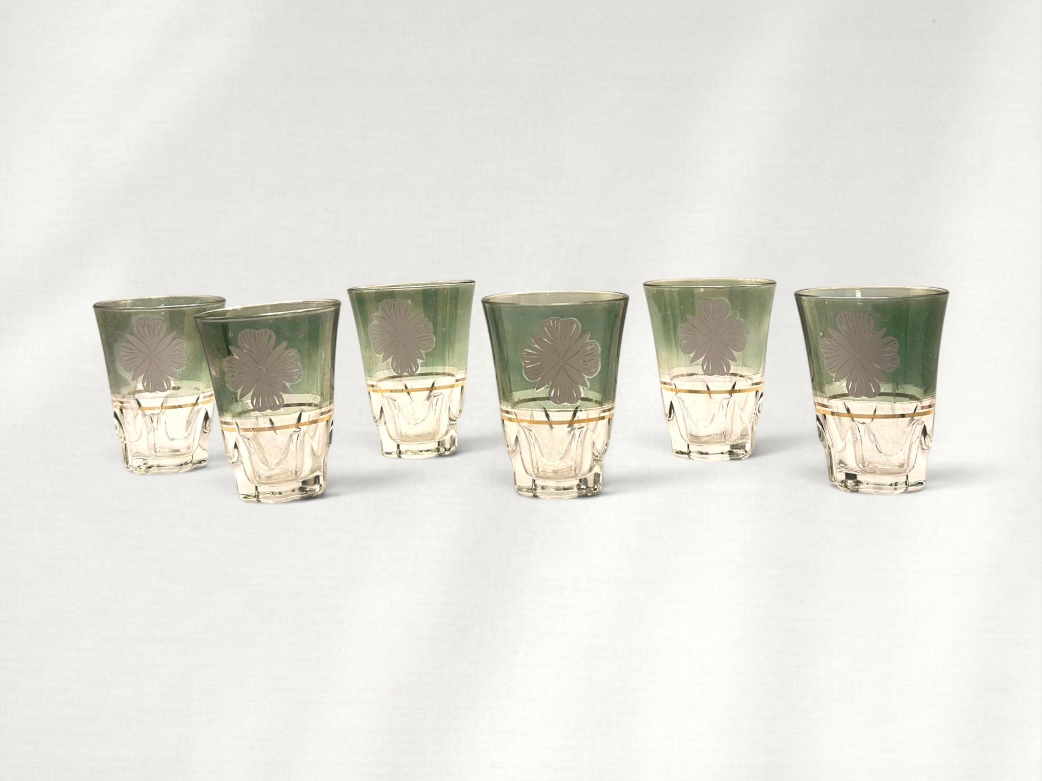Vintage Mid Centry Green and Gold Shot Glasses with Clover