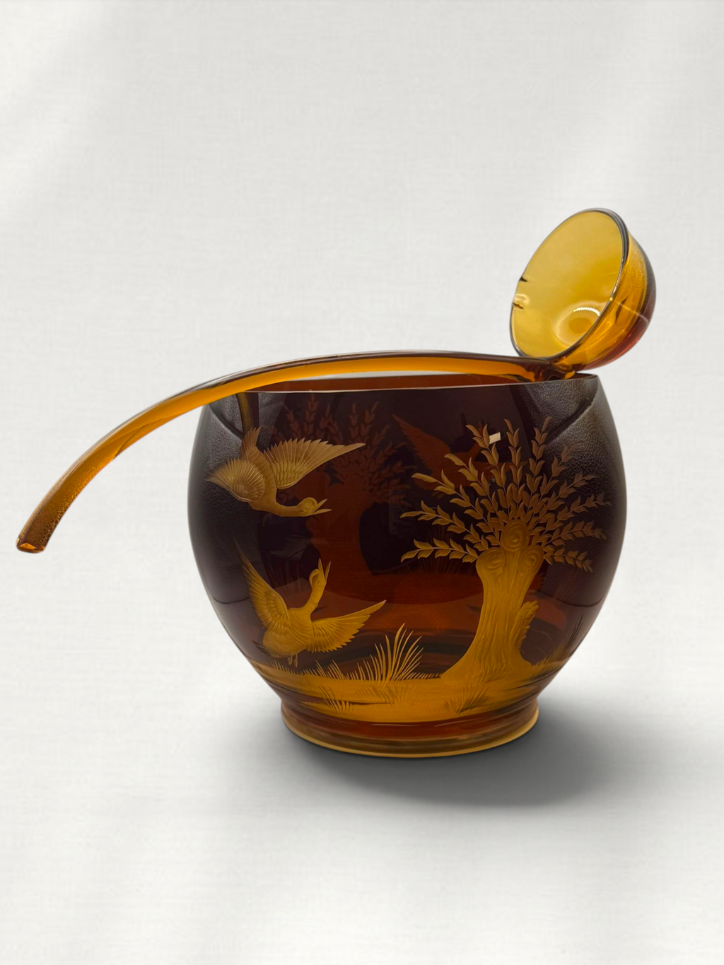 Vintage Czech Bohemian Amber Crystal Punch Bowl Set