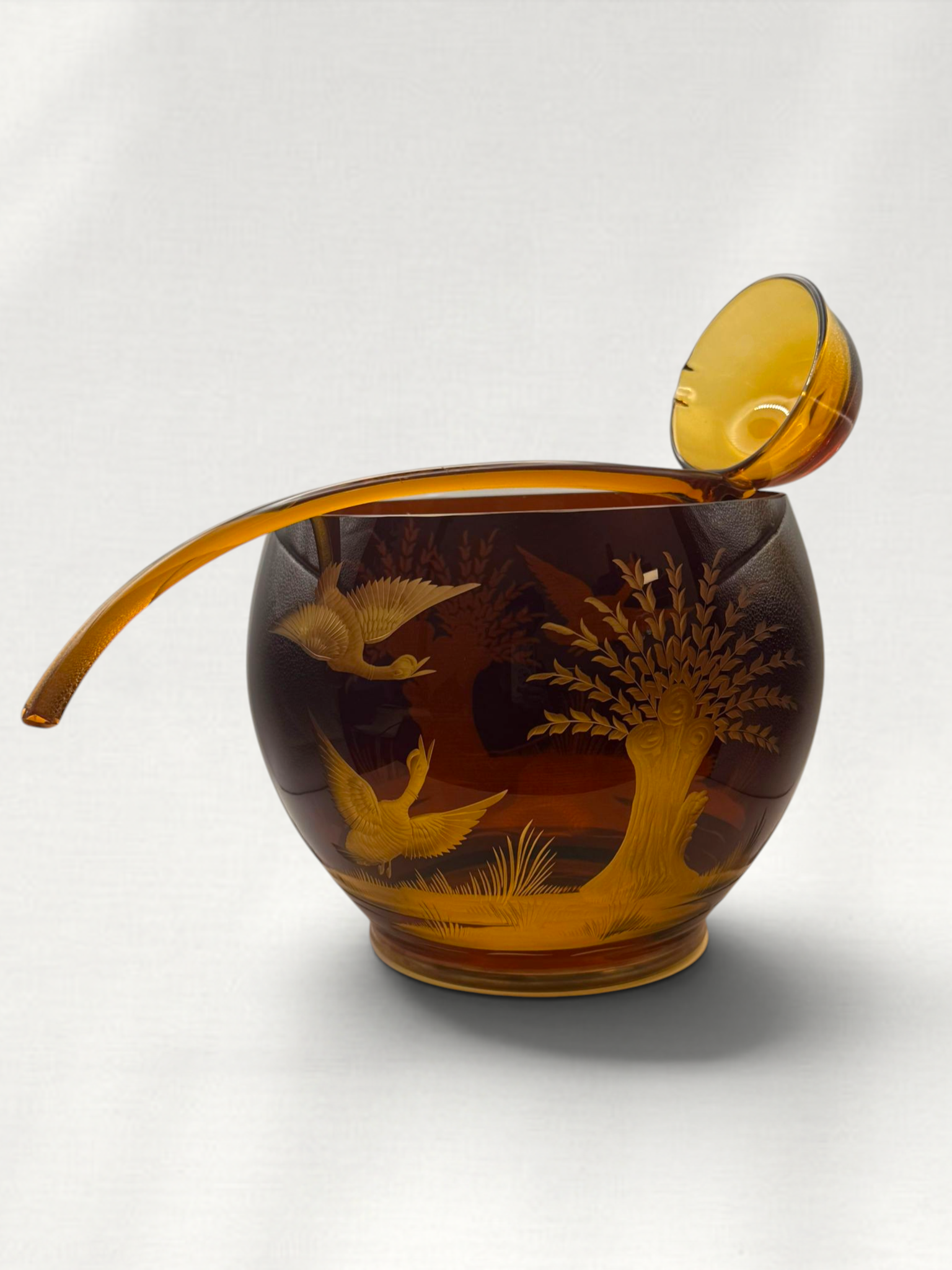 Vintage Czech Bohemian Amber Crystal Punch Bowl Set