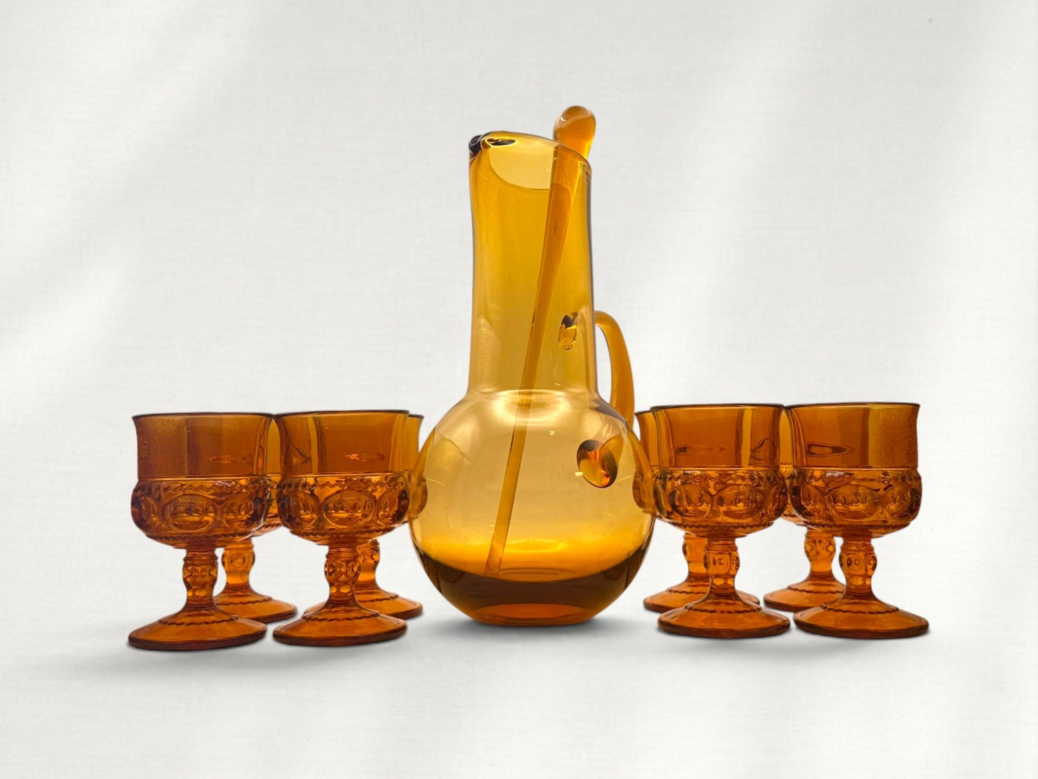 Vintage Amber Glass Pitcher and Goblets Set
