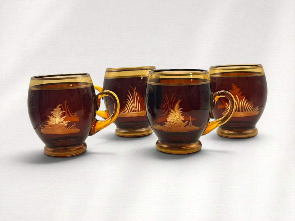 Vintage Czech Bohemian Amber Crystal Punch Bowl Set
