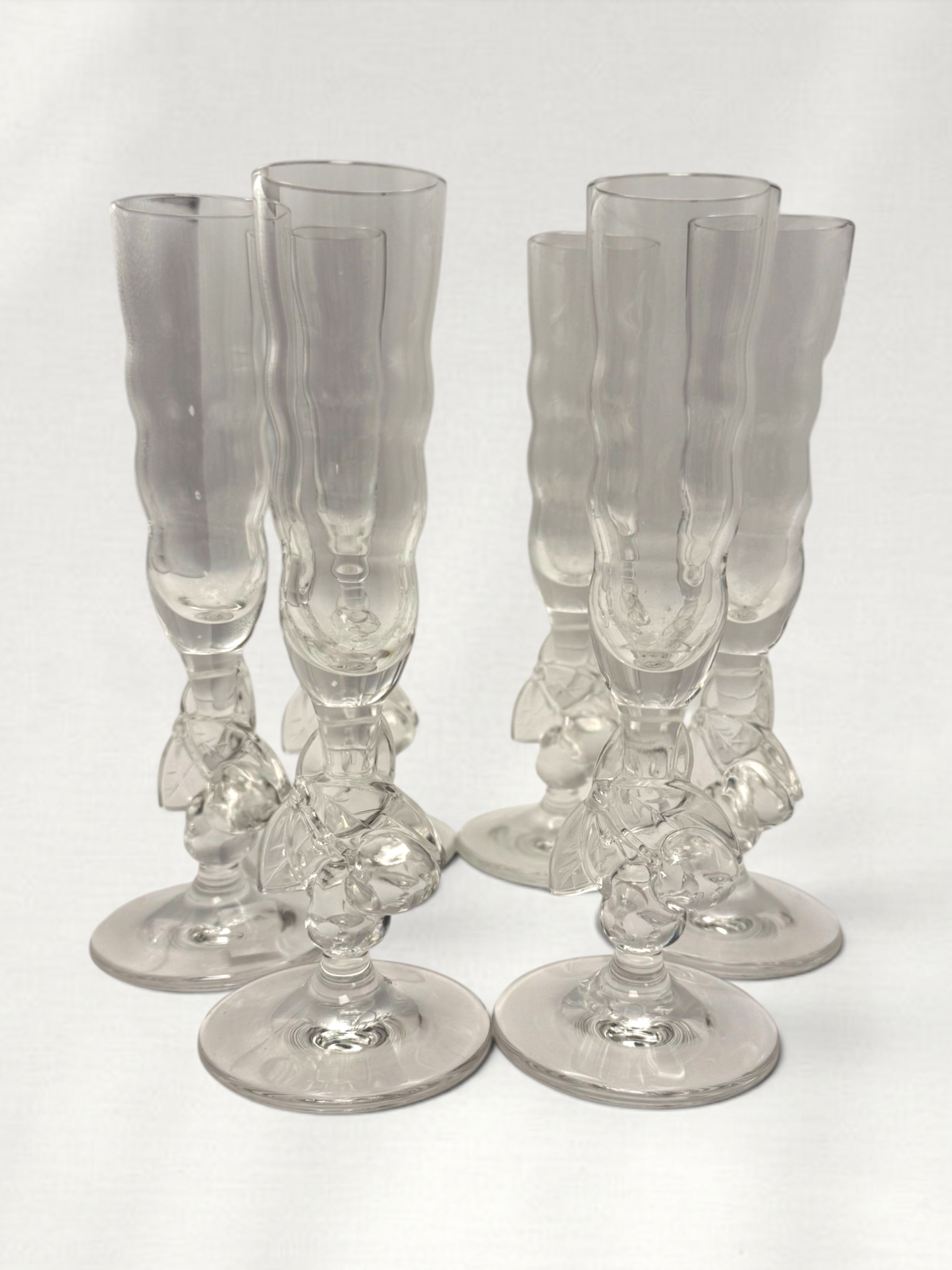 Vintage Clear Glass Champagne Flutes with Cherry Stem