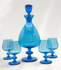 Vintage Hand-Blown Blue Glass Decanter Set