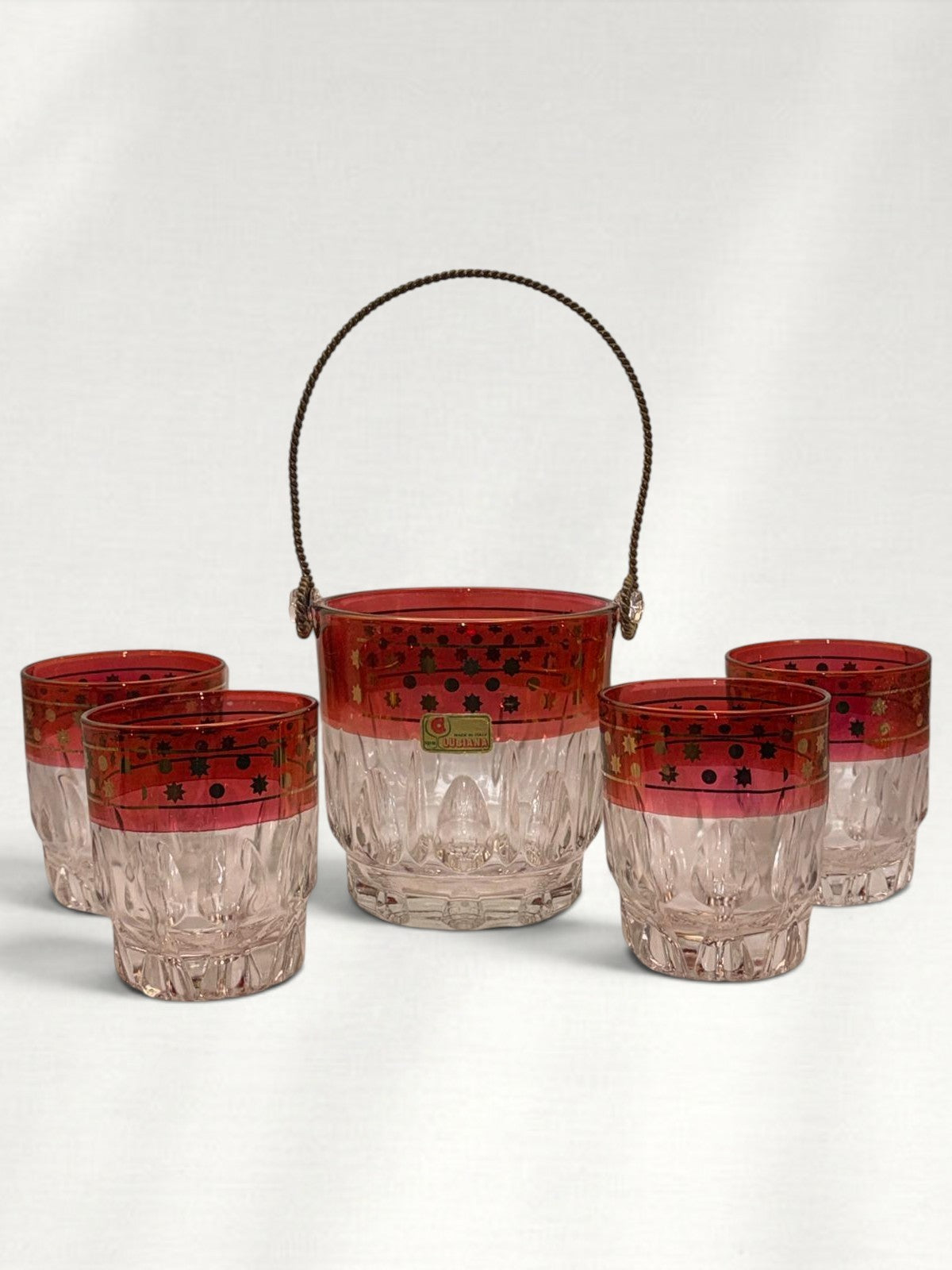 Vintage Mid-Century Kristall Lubiana Italian Ruby Flash Barware Set