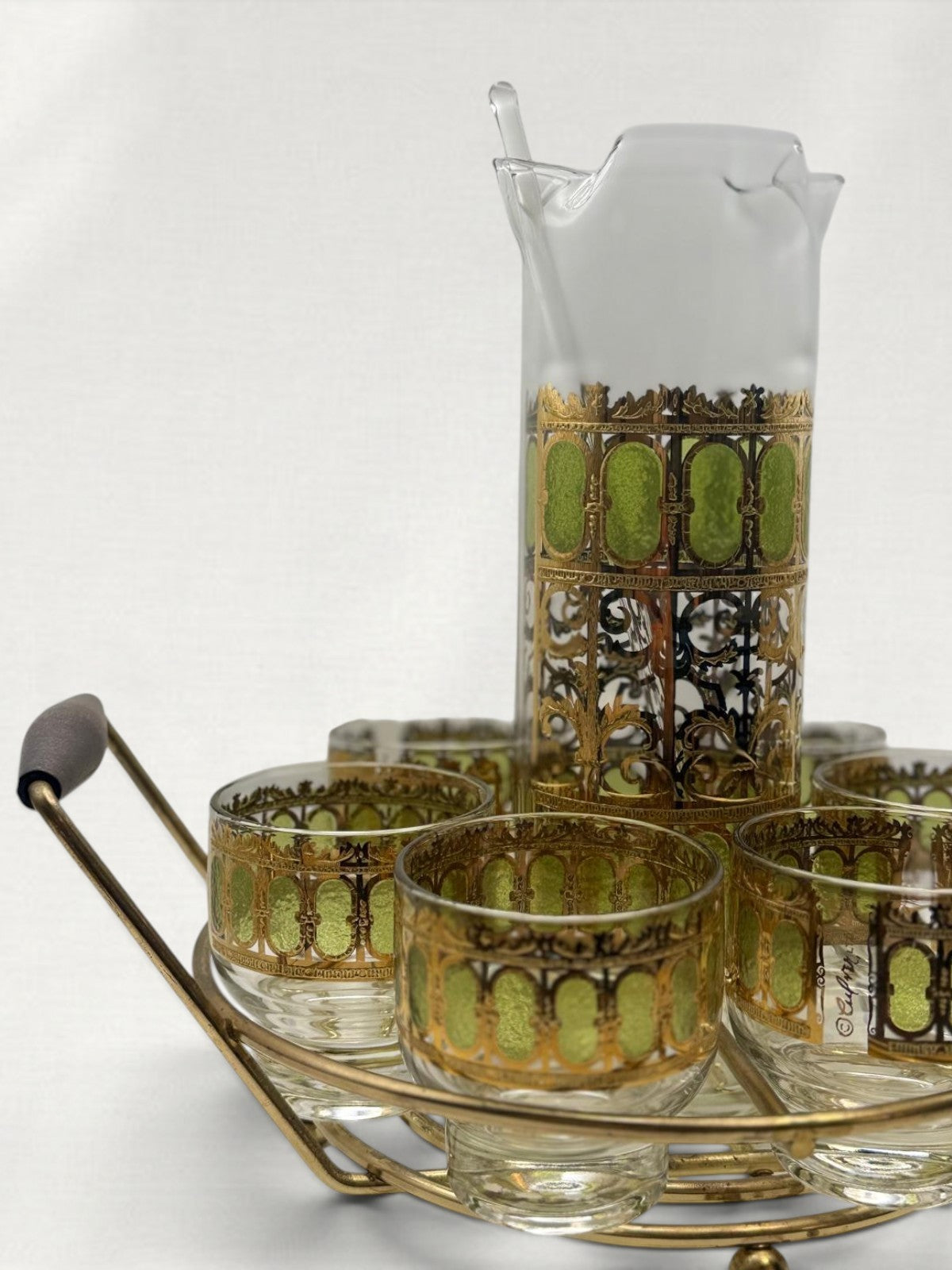 Green and Gold Pitcher Set with Tray and Stir Stick
