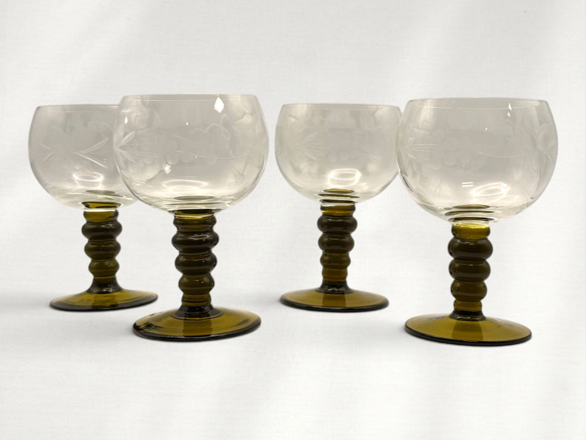 Vintage Roemer-Style Etched Wine Glasses with Olive Stem