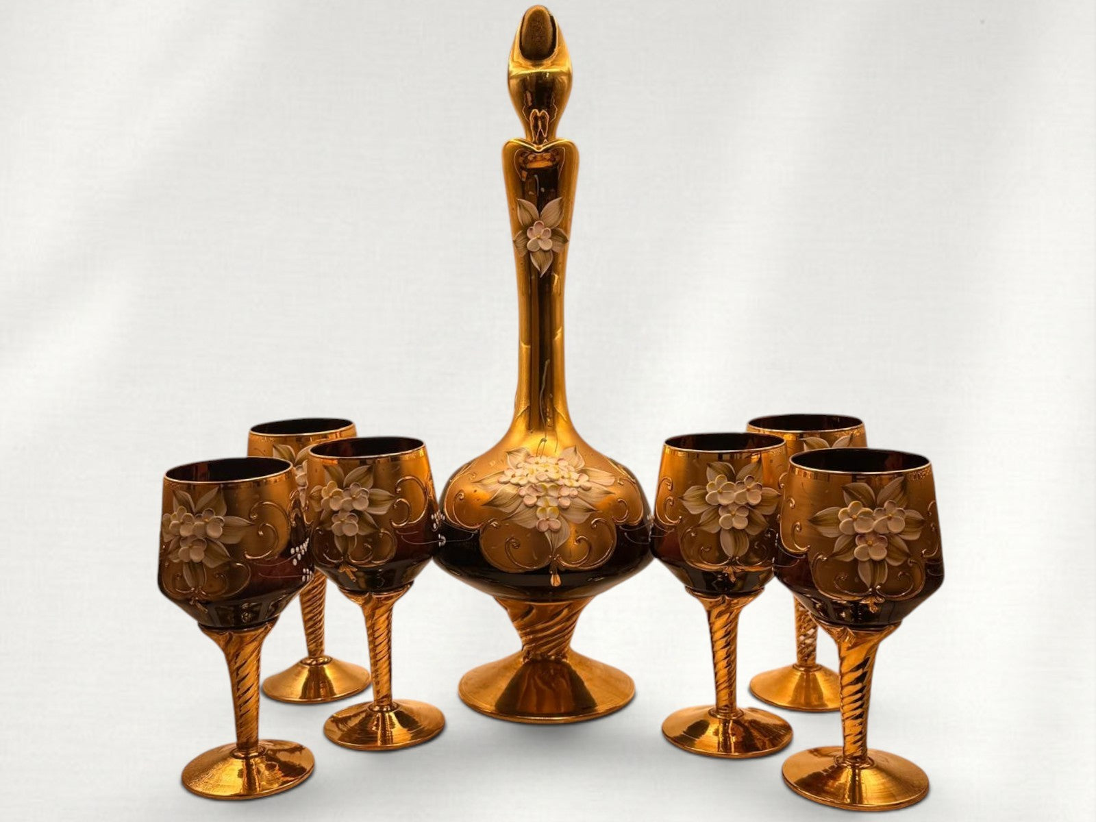 Vintage 24K Gold-Plated Wedding Decanter and Goblet Set