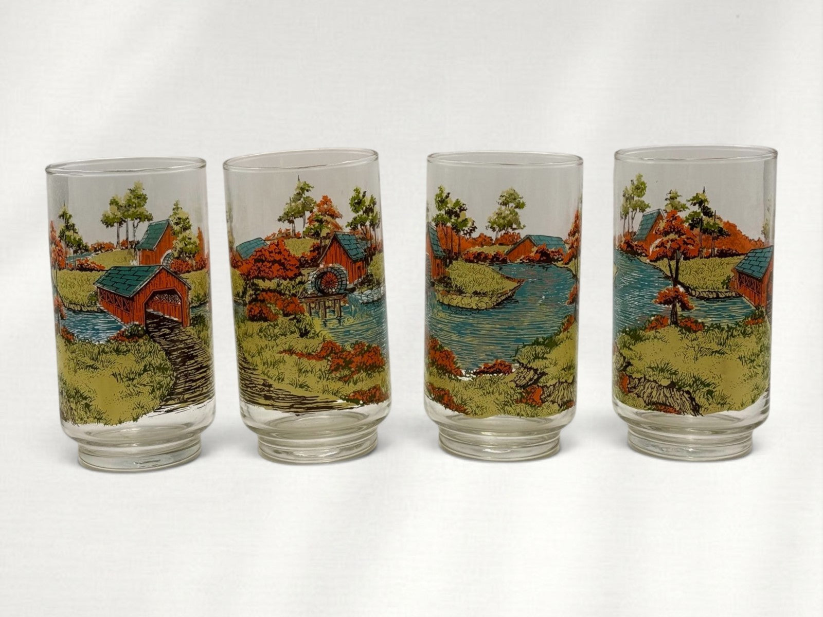 Vintage Set of Four Libbey "Covered Bridge" Country Scene Tumblers