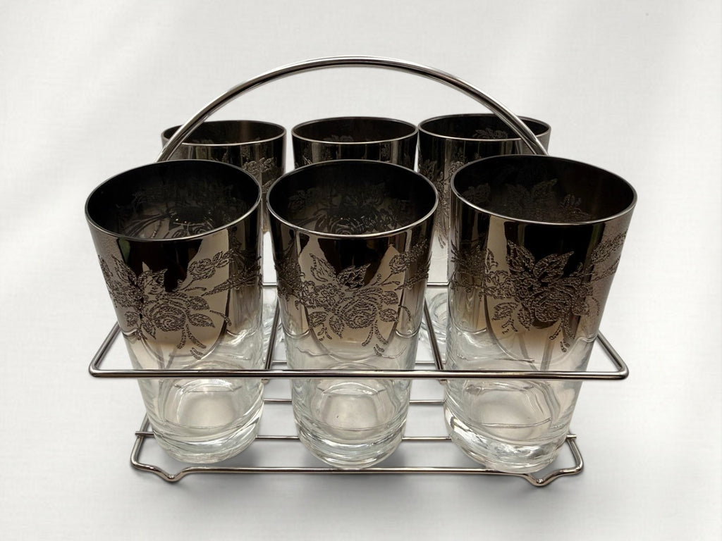 Vintage Smoked Glass Highball Set with Silver Floral Design & Chrome Carrier