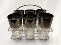 Vintage Smoked Glass Highball Set with Silver Floral Design & Chrome Carrier