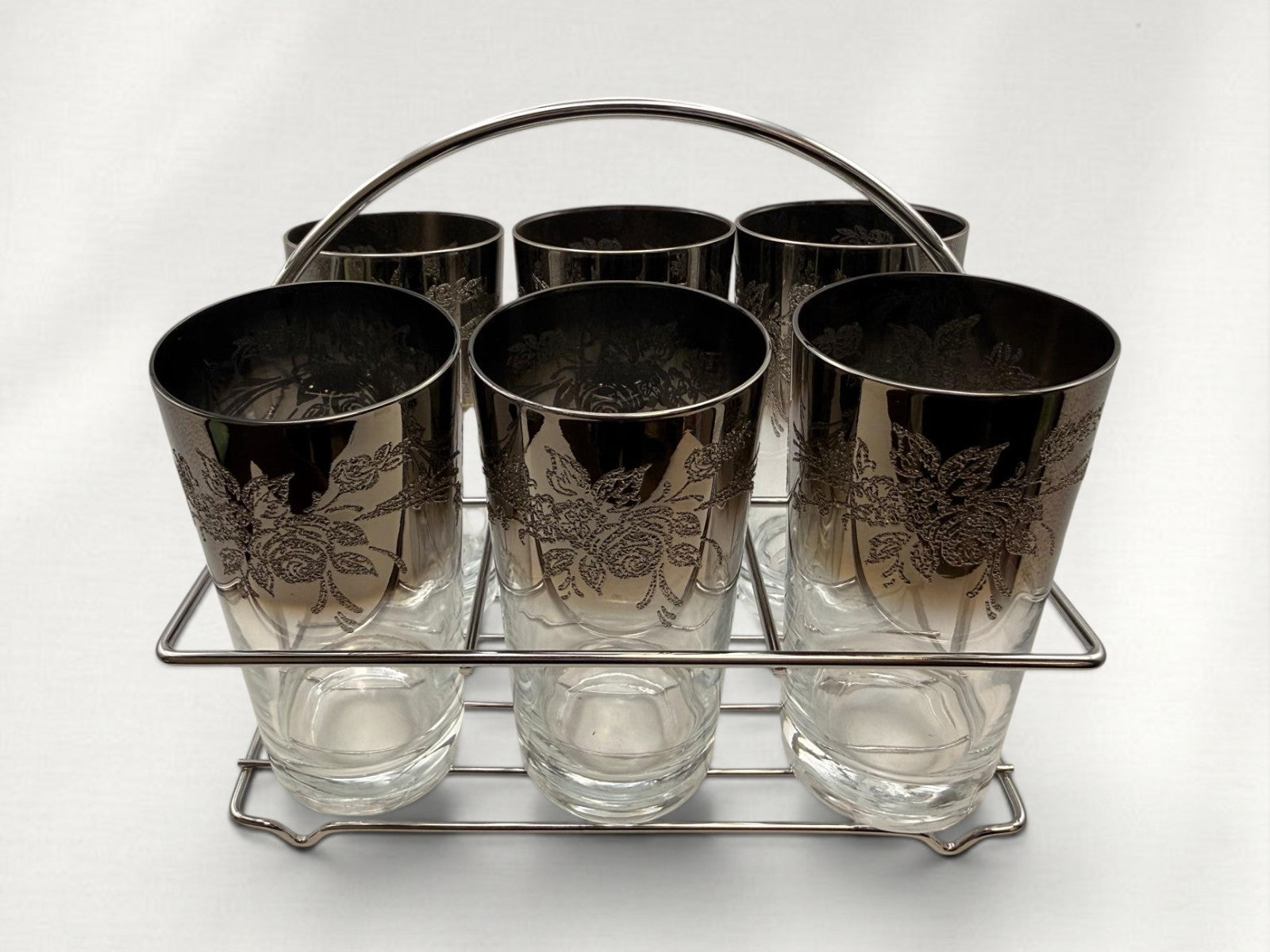Vintage Smoked Glass Highball Set with Silver Floral Design & Chrome Carrier