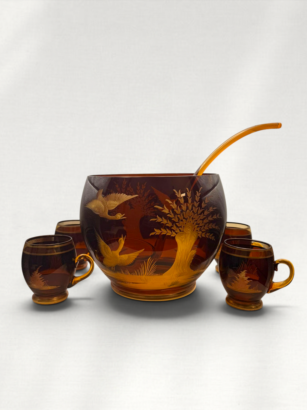 Vintage Czech Bohemian Amber Crystal Punch Bowl Set